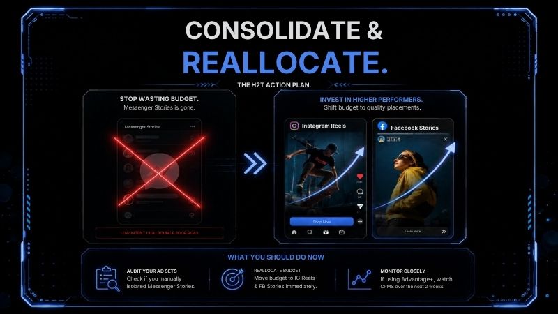 Audit your ad sets. Reallocate to IG Reels and Facebook Stories